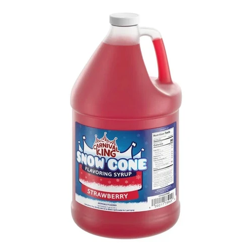Snow Cone Syrup 1 Gallon - Strawberry. This premixed strawberry flavored blend with red coloring is ready to pour over shaved ice directly for a strong taste or diluted with two parts water. Syrup pump not included. Net WT 128 fl oz.