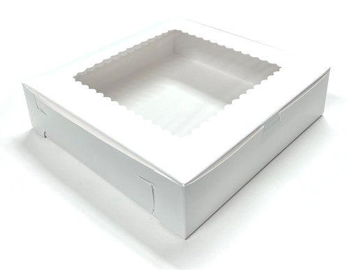 Window Pie Box. This white box includes a plastic window on the top with a scalloped frame. Includes 1 box. Measures 10in x 10in x 2.5in.