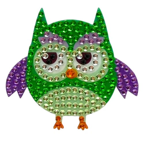 Stickerbeans Rhinestone Sticker - Green Owl. This sparkly sticker features a green cartoon owl with purple and orange accents. Package includes 1 count sticker measuring about 1.75in x 1.75in.