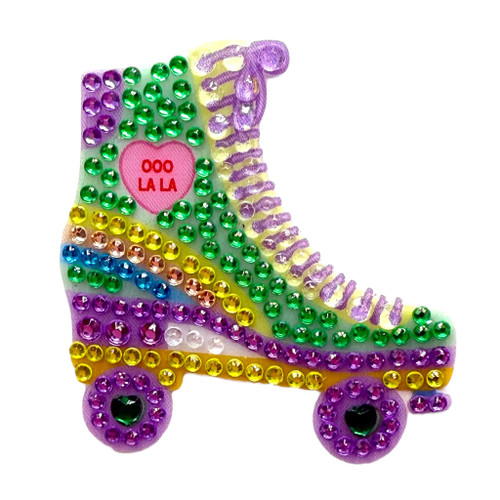 Stickerbeans Rhinestone Sticker - Sweethearts Roller Skate. This sparkly sticker features a retro roller skate in multiple colors with a pink heart containing the text "OOO LA LA." Package includes 1 count sticker measuring about 1.75in x 1.9in.