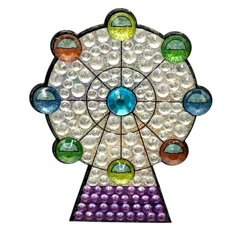 Stickerbeans Rhinestone Sticker - Ferris Wheel. This sparkly sticker features a Ferris Wheel shape with multicolor carts and a purple base. Package includes 1 count sticker measuring about 1.5in x 1.9in.