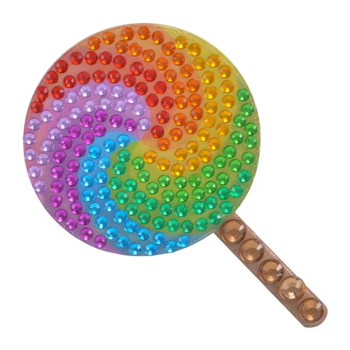 Stickerbeans Rhinestone Sticker - Rainbow Lollipop. This sparkly sticker features a lollipop shape with a rainbow swirl. Package includes 1 count sticker measuring about 1.5in x 2.25in.