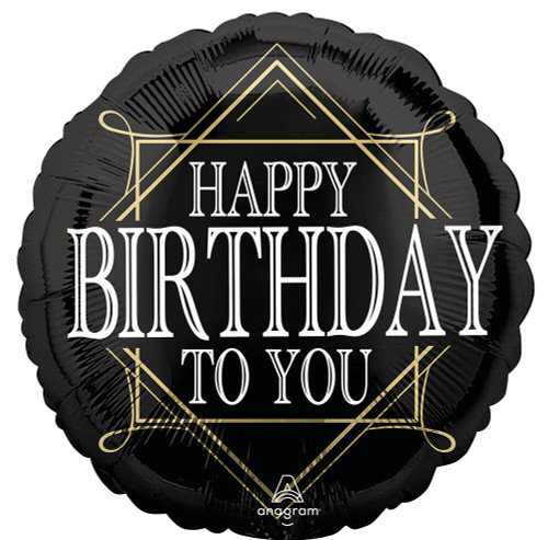 This Prime of Life Birthday Balloon is a black circle featuring "HAPPY BIRTHDAY TO YOU" in white capital letters, contained inside an art deco inspired gold frame. Balloon is approximately 17 inches after inflation.