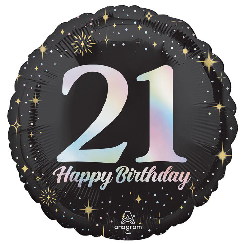 Sparkling Birthday 21 Balloon. This circular balloon features a black background with a pastel rainbow "21" in large numbers over "Happy Birthday" in script, surrounded by gold and pastel rainbow sparkles. Balloon is approximately 17 inches after inflation.