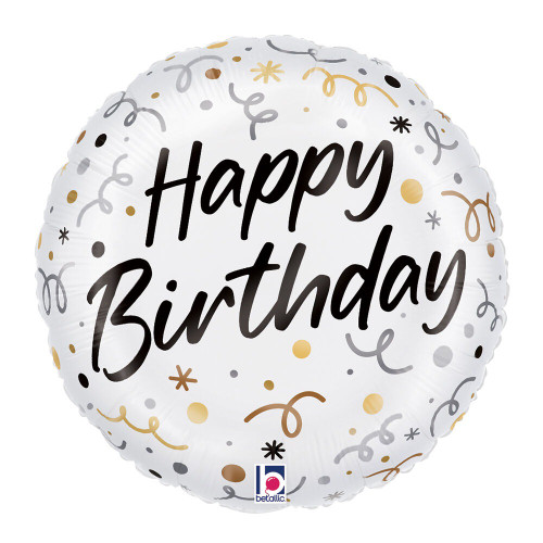 This Satin Birthday Streamers Balloon is circular with a silverish white background. Centered is "Happy Birthday" in black script, surrounded by gold, silver, and black streamers and confetti. Balloon is approximately 18 inches after inflation.