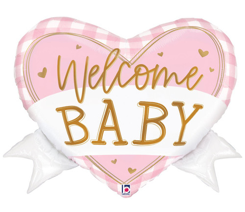 This Pink Gingham Baby Heart Banner Balloon is shaped like a pink heart with a pink and white gingham trim. "Welcome BABY" in gold is centered over a white ribbon banner that extends past the heart shape. Balloon is approximately 28 inches after inflation.
