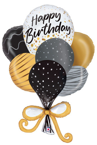 Satin Birthday Cluster Balloon. This balloon is shaped like a cluster of gold, silver, and black balloons, with a larger white balloon near the top featuring the text "Happy Birthday" in black script. Balloon is approximately 38 inches after inflation.