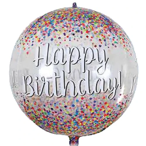 Clear Orb Happy Birthday Confetti Balloon. This clear spherical shaped balloon features colorful printed confetti on the top and bottom and "Happy Birthday!"  centered in white script with a black shadow. Balloon is approximately 16in orb shaped after inflation.