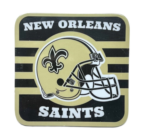 New Orleans Saints Melamine Coasters. This set features four rounded square coasters with a black, muted gold, and white design, with a gold football helmet in between "NEW ORLEANS" above and "SAINTS" below. Package includes 4 count coasters measuring 4in.