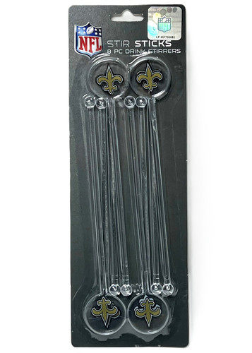New Orleans Saints Stir Sticks. These clear plastic drink stirrers feature the gold Saints fleur de lis printed on rounded toppers. Package includes 8 count stirrers measuring 7in.