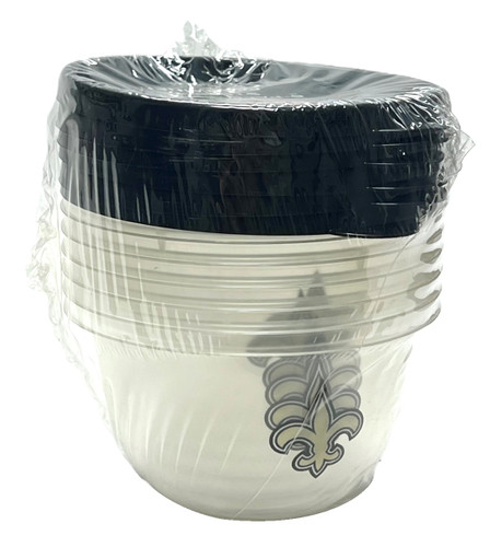 New Orleans Saints Plastic Storage Containers. These small clear plastic tubs feature a printed gold Saints fleur de lis, and include a black plastic lid. Package includes 6 count containers measuring 4.5in in diameter x 2.5in tall, 12.5 fl oz.