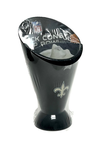 New Orleans Saints Snack Cone. This black plastic hand held cone features two sections, one idea for cheese sticks or veggies, and another for dip. A small gold Saints fleur de lis is printed on the front. Package includes 1 count cone measuring about 6.5in tall.