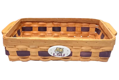 LSU Casserole Basket. This orange tinted wooden basket features a single purple stripe along the side and a white ceramic medallion with an LSU Tiger logo. Measures about 13in long (15.5in with side handles) x 9in wide x 3in tall.