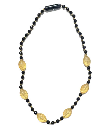 Black & Gold Football Light Up Bead. This necklace features black beads with gold spacers and acrylic gold footballs embellished with "#1" and a bumpy texture that light up 3 different flash modes. One size fits most.