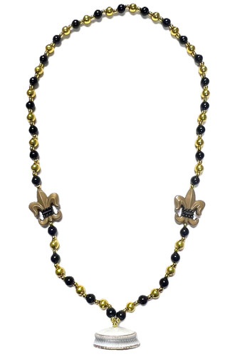 Black & Gold New Orleans Saints Bead. This necklace features black and gold beads with gold spacers and two acrylic gold Fleur de Lis, as well as a Superdome shaped pendant measuring about 2in. One size fits most.