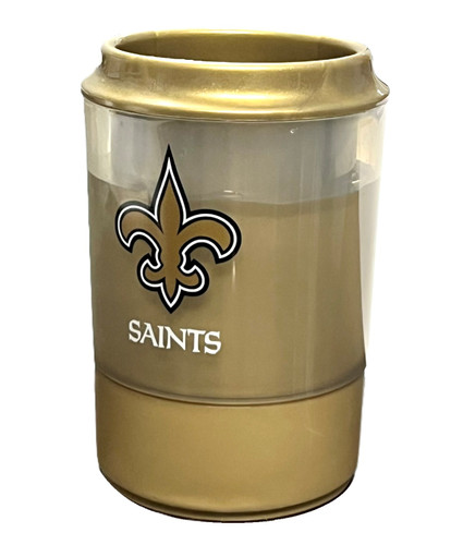 New Orleans Saints Cooler Cup. This gold plastic cup features the Saints logo in white letters and a Fleur De Lis in gold black and white, the design printed on two sides. Place inside a freezer upside down until the water inside the double wall is frozen, a great way to keep drinks cold without watering down your beverage with ice. Not for use with boiling liquids. Holds up to 13.5oz.