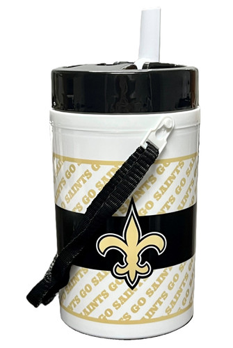 New Orleans Saints Insulated Water Bottle. This white plastic cup with a black lid features a diagonal pattern of "GO SAINTS" in muted gold. A single black stripe wraps around with a Saints fleur de lis logo printed on one side. It includes a built in white straw and an adjustable black holding strap. Not for use with boiling liquids. Measures 7.5in tall with lid x 4in in diameter.
