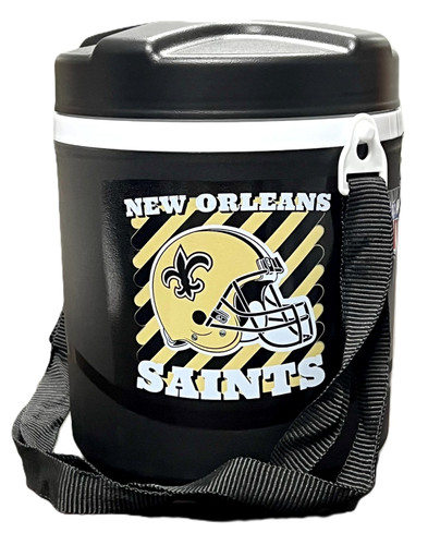 New Orleans Saints 3 in 1 Thermal Food Container. This black and white container features a New Orleans Saints logo printed on one side, as well as a black adjustable strap. This set includes two white plastic containers with lids. A collapsible white plastic spoon fits within a compartment under the lid of the container. Thermal container measures 5.5in in diameter x 7in tall with lid, 2 count plastic containers measure 4.7in in diameter x 3in tall each, and spoon measures 6.25in.
