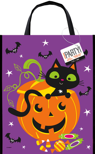 Cat & Pumpkin Tote Bag. This purple plastic tote features a black cat peeking out of a smiling orange Jack O Lantern, surrounded by black bats, white stars, and a small pile of colorful candy. It also includes black trim and handles. Measures 12in x 15in.
