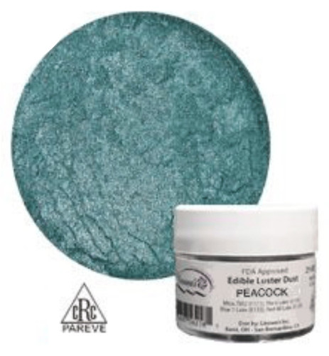 Edible Luster Dust - Peacock. This luster dust is in a peacock greenish blue color. Net WT .25oz.