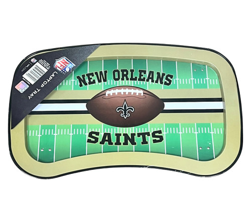 New Orleans Saints Laptop Metal Tray. This curved metal tray features a green football field with a trim of muted gold and black. A gold, black, and white stripe horizontally down the middle has an overlay of a classic brown football (with a Saints fleur de lis logo) between "NEW ORLEANS" above and "SAINTS" beneath in black text. The grey underside has fold out legs to increase the height of the tray. Tray measures about 22in x 13in, legs measuring 8in tall.