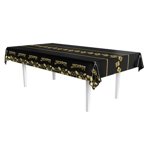 Metallic Plastic Casino Tablecover. Featuring a black background, this rectangular plastic tablecover is decorated with a metallic gold playing cards down the middle, with metallic gold coins and "JACKPOT" repeating along the borders. Measures 54in x 108in.
