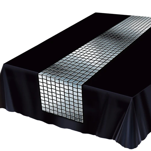 Metallic Disco Tablerunner. This rectangular, 1 ply printed pvc tablerunner features a pattern of metallic silver disco ball squares with black line spacers. Perfect for music themed parties. Black tablecover not included. Measures 10in x 6ft.