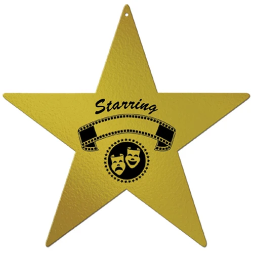 Foil Awards Night Star Cutout. This metallic gold star features a black print on one side of "Starring" in script above a blank roll of film to write in a name above an emblem with a comedy and tragedy mask. Package includes 1 count star measuring 12in.