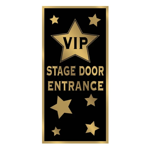 VIP Stage Door Entrance Plastic Doorcover. Featuring a black background with printed gold trim, this doorcover features smaller stars around a larger star with the black text "VIP" above "STAGE DOOR ENTRANCE" in gold text. Perfect for backstage areas or adding a star-studded feel to your celebration. Measures 5ft x 30in.