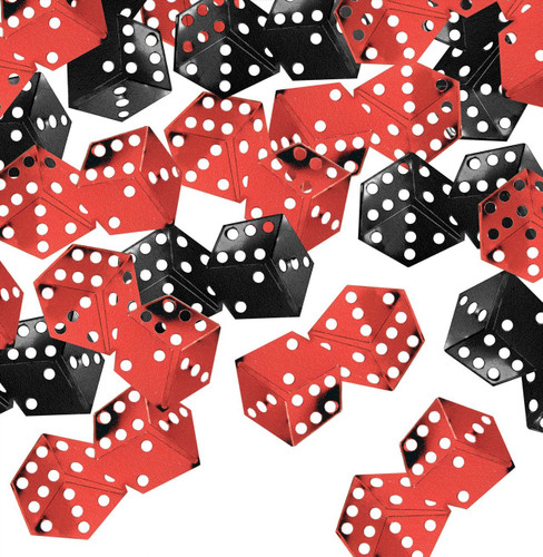 Dice Confetti. This metallic foil confetti features red and black dice in pairs. Net WT .05oz. Individual pieces measure about 1.5in x .75in.