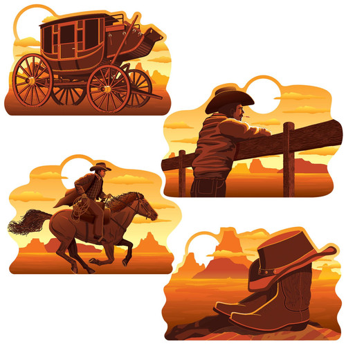 Wild West Cutouts. These printed cardstock cutouts include an orange and brown color scheme of scenes like a cowboy on a horse, a stage coach, a cowboy leaning on a fence, and a pair of boots with a cowboy hat, all with a bright sun in a cloudy sky over a desert in the background. Printed on both sides, but with one side glossy. Package includes 4 count cutouts measuring about 16in x 10.75in.
