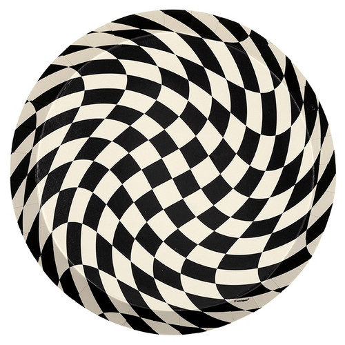 Halloween Bash Luncheon Plates. These shallow, round paper plates feature a warped black and white checkerboard pattern. Package includes 8 count plates measuring 9.25in.