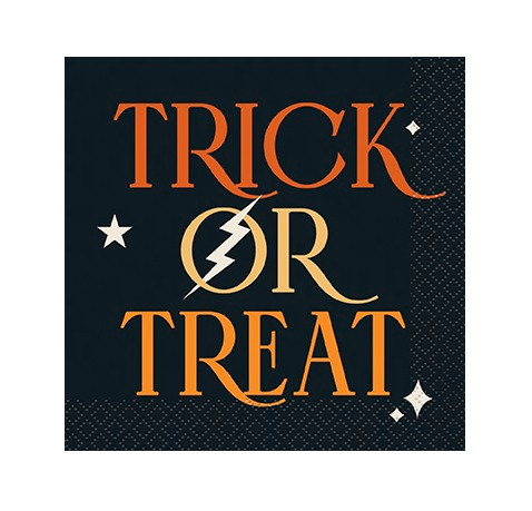 Halloween Bash Beverage Napkins. These small 2 ply paper napkins feature a black background with "TRICK OR TREAT" in red, light orange, and dark orange text, accented with a few star shapes and a lightning bolt inside the "O" in "OR." Package includes 16 count napkins measuring 5in when folded.