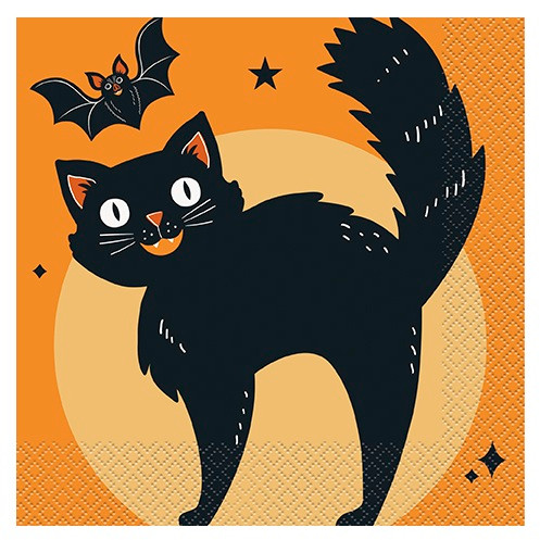 Halloween Bash Luncheon Napkins. These 2 ply paper napkins feature an orange background with a lighter orange moon behind a smiling black cat and smaller black bat. Package includes 16 count napkins measuring 6.5in when folded.