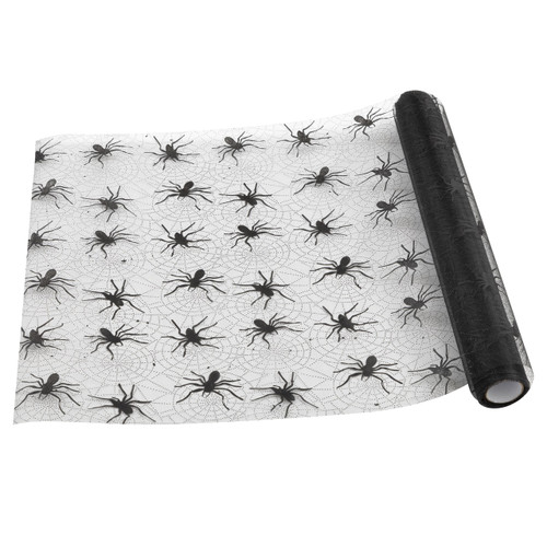 Halloween Bash Mesh Spider Tablerunner. This runner features a black fabric mesh design with a pattern of spiders. Measures 11in x 9.1ft.