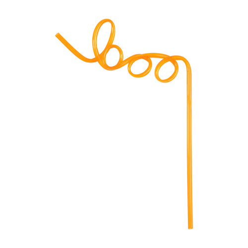 Boo Shaped Halloween Plastic Straws. These reusable translucent orange plastic straws twist in the shape of "boo" at the top. Package includes 6 count straws measuring about 10in.