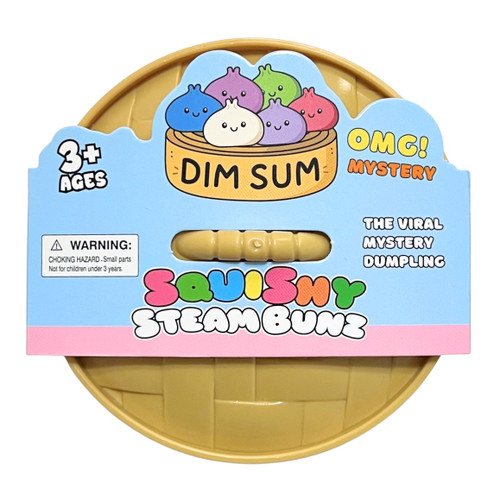 Slow Rise Squishy Dumpling. Shaped like a round dumpling with a cute face, this light weight, slow rise stress toy arrives in a mystery color. Desired color not guaranteed, no returns or exchanges. Package includes 1 count toy in a plastic steamer pot shaped container measuring 3.75in in diameter, 1.9in tall.