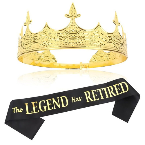 The Legend Has Retired Crown & Sash Set. This gold tone crown with six points can be slightly adjusted to size, and the glittery black fabric sash features "The LEGEND Has RETIRED" in shimmery gold foil. Package includes 1 count crown, 1 count sash, and 1 count gold tone safety pin. One size fits most adults.