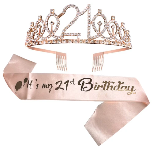 It's My 21st Birthday Crown & Sash Set. This rose gold tone crown with combs is decorated with tiny clear rhinestones and "21" along the top, and the rose gold satin fabric sash features "It's my 21st Birthday" in rose gold foil script. Package includes 1 count crown and 1 count sash. One size fits most adults.