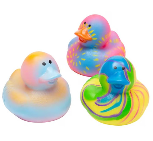 Bright Psychedelic Rubber Duck. These little vinyl ducks feature a variety of bright colors and patterns. Duck will not float upright. Desired color and pattern not guaranteed. Actual layout of pattern will vary. Package includes 1 count duck measuring 2in.