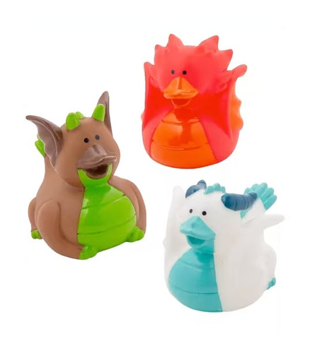 Dragon Rubber Duck. These little vinyl ducks feature dragon like traits like wings and horns in different colors. Duck will not float upright. Desired color not guaranteed. Package includes 1 count duck measuring 2in.