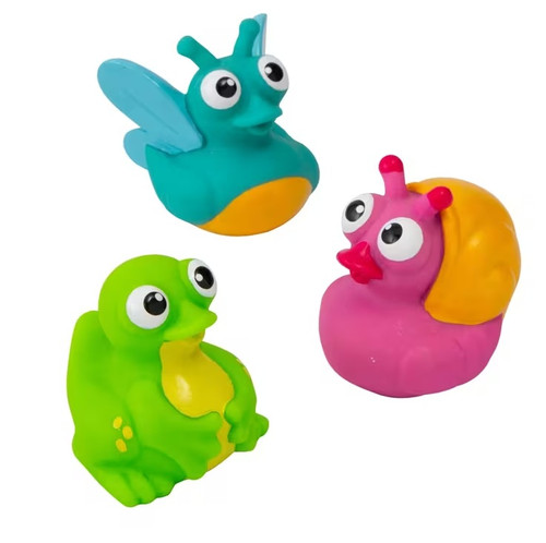Spring Animal Rubber Duck. These little vinyl ducks are available in the style of a butterfly, frog, or snail. Duck will not float upright. Desired style not guaranteed. Package includes 1 count duck measuring about 2in.