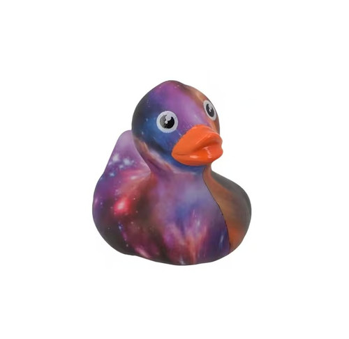 Swirl Galaxy Rubber Duck. This little vinyl duck features a colorful swirly galaxy pattern. Duck will not float upright. Desired style not guaranteed. Actual layout of pattern will vary. Package includes 1 count duck measuring about 2in.