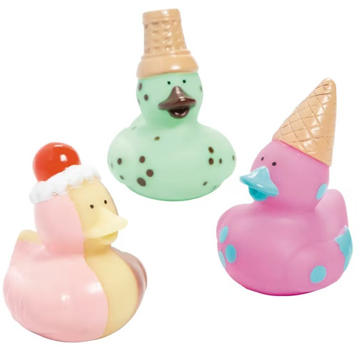 Ice Cream Rubber Duck. These little vinyl ducks feature bright colors and toppers such as ice cream cones and cherries, available in green, pink, or multicolor ice cream. Duck will not float upright. Desired style not guaranteed. Package includes 1 count duck measuring about 2.25in x 2.5in.