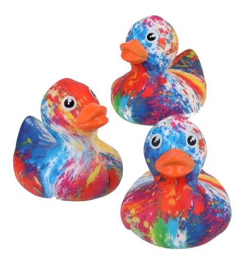 Tie Dye Swirl Rubber Duck. This little vinyl duck features a colorful swirly and splatter tie dye pattern. Duck will not float upright. Actual layout of pattern will vary. Package includes 1 count duck measuring about 2in.