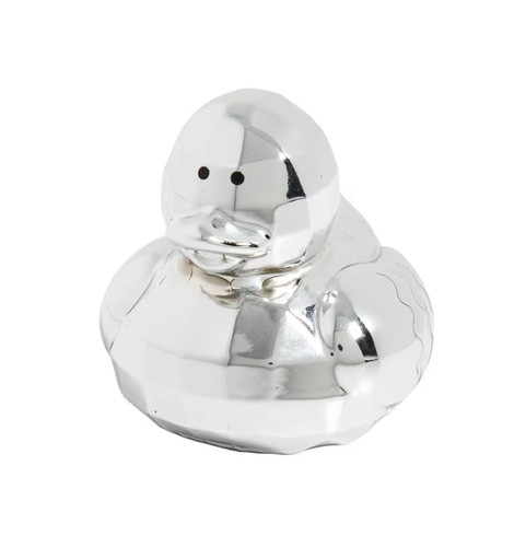 Disco Ball Rubber Duck. This little vinyl duck features a silver metallic electroplated design like a disco ball. Duck will not float upright. Package includes 1 count duck measuring 2in.