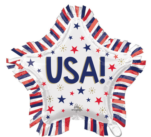 USA Star Fringe Balloon. This white, star-shaped balloon features red, white, and blue fringe and a "USA!" centered in blue text, surrounded by red, blue, and gold mini stars. Balloon is approximately 28 inches after inflation.