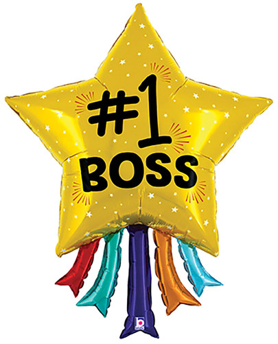 Number 1 Boss Star Balloon. This yellow star shaped balloon features a pattern of tiny white stars and extended tails in multiple colors. The text "#1 BOSS" is centered in black text. Balloon is approximately 43 inches after inflation.