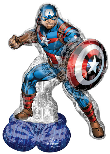 Airloonz Captain America Balloon. This DIY self-sealing balloon features Captain America holding a shield with one foot standing on a blue base. Includes elastic band for tying and a straw for inflating. Measures approximately 58in.