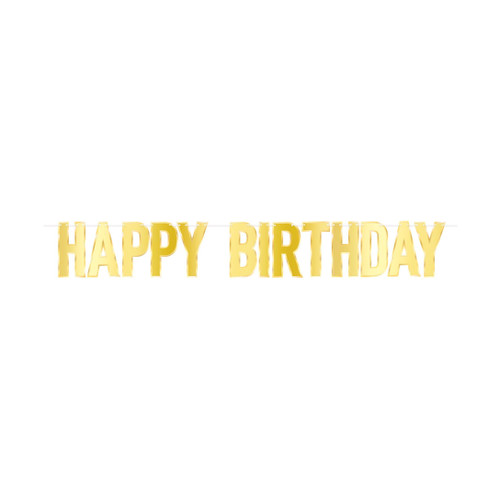 Foil Happy Birthday Streamer - Gold. This decorative streamer features "HAPPY BIRTHDAY" spelled out in shiny gold cardstock letters with a matte gold trim on a white ribbon. The underside is white. Assembly required. Measures 6in x 43.5in when assembled.